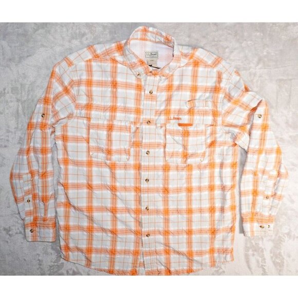 LL Bean Shirt Mens L Orange Plaid Tropicwear Button Down Vented Fishing Hiking - Picture 1 of 12